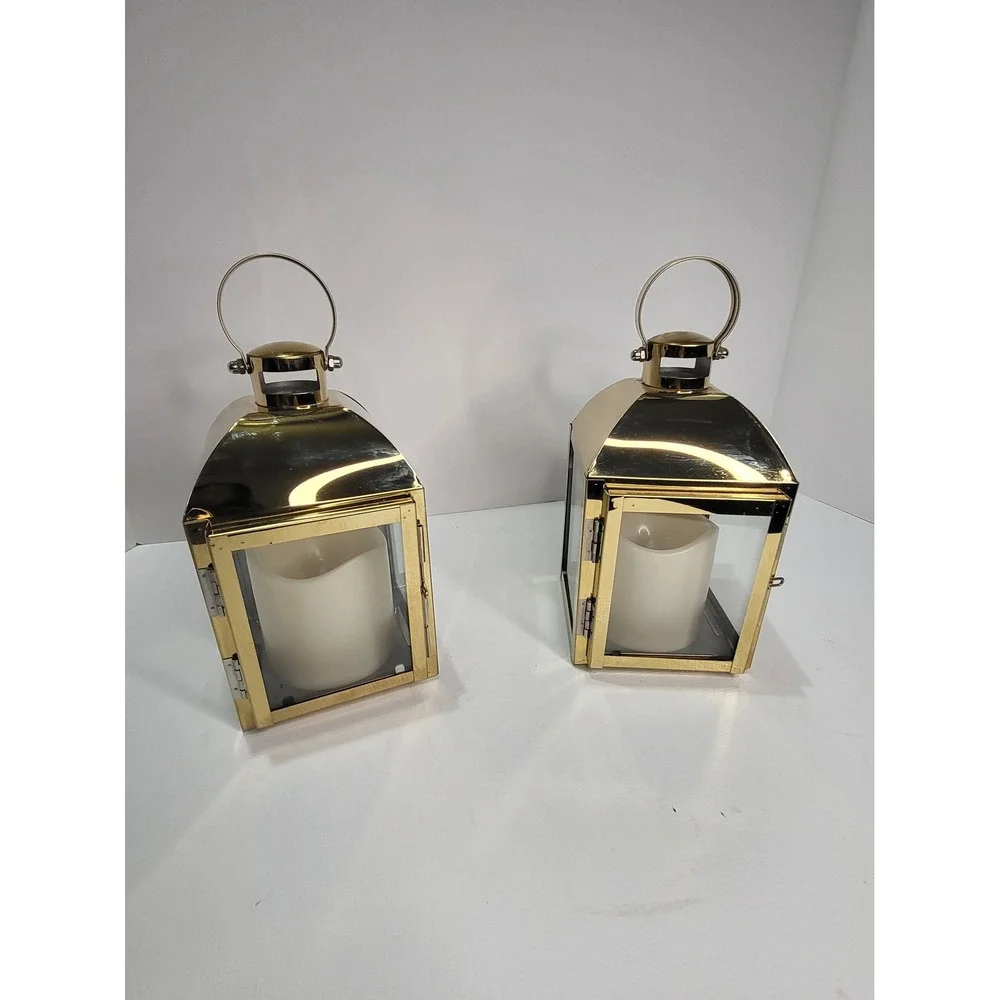 Gold Metal Lanterns with LED Candles Pair Decorative Wedding Decor 7.5in